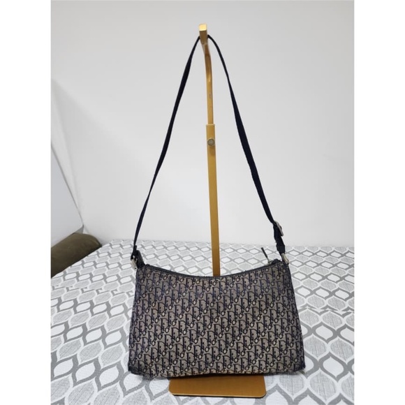 Authentic Christian Dior Vintage Oblique Canvas Baguette/Shoulder Bag Black/Grey - Picture 5 of 15